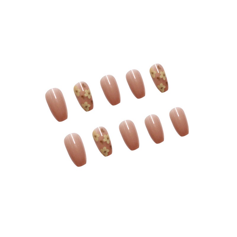 24pcs / box Kuku Palsu Panjang Warna Teh Semi Transparan Motif Bunga