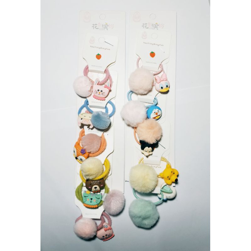 KLV03 Ikat Rambut Karet Korea Variasi Pom Pom isi 2