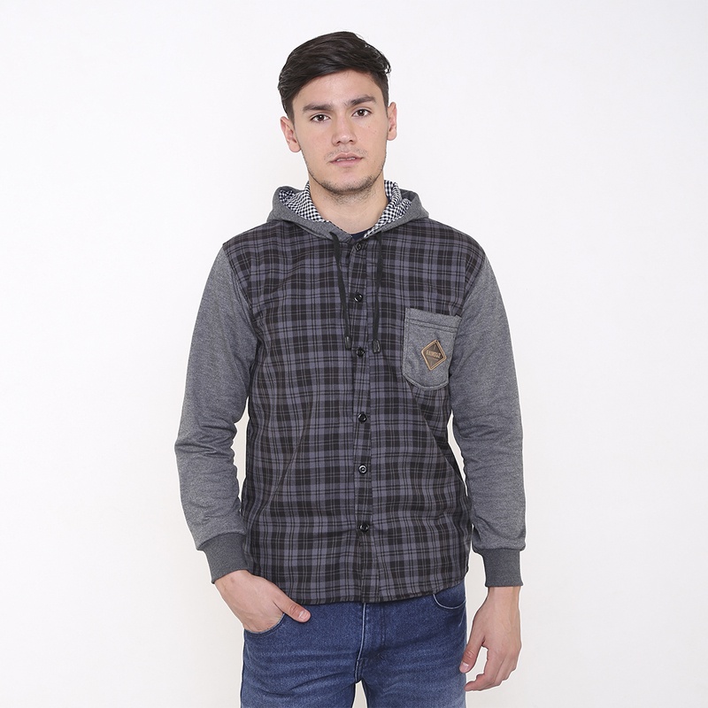 Jaket Pria Kemeja Motif Kotak kotak Hoodie Shirt Casual Days Abu Sdz-014 Baju Kupluk