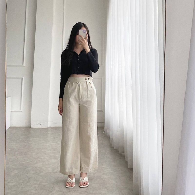 2240 VENYTA HIGHWAIST KULOT LINEN DAILY CELANA SIDE BUTTON KOREAN STYLE HITS WANITA KOREA CULLOTE