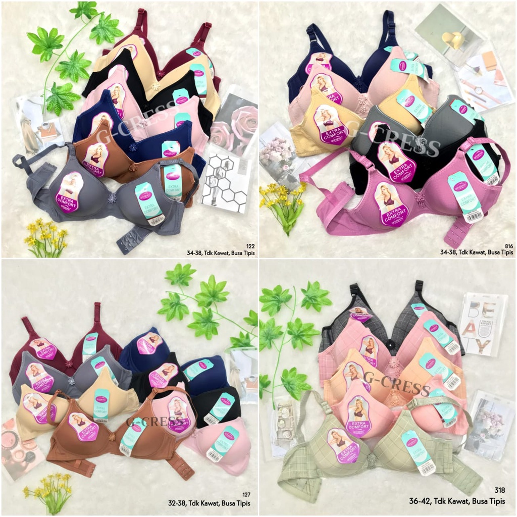 Bra Busa Tipis Tanpa Kawat Kait 2, 3 Qiansifang BH Katun Nilon Polos & Motif Cup Penuh Full Cup Unde