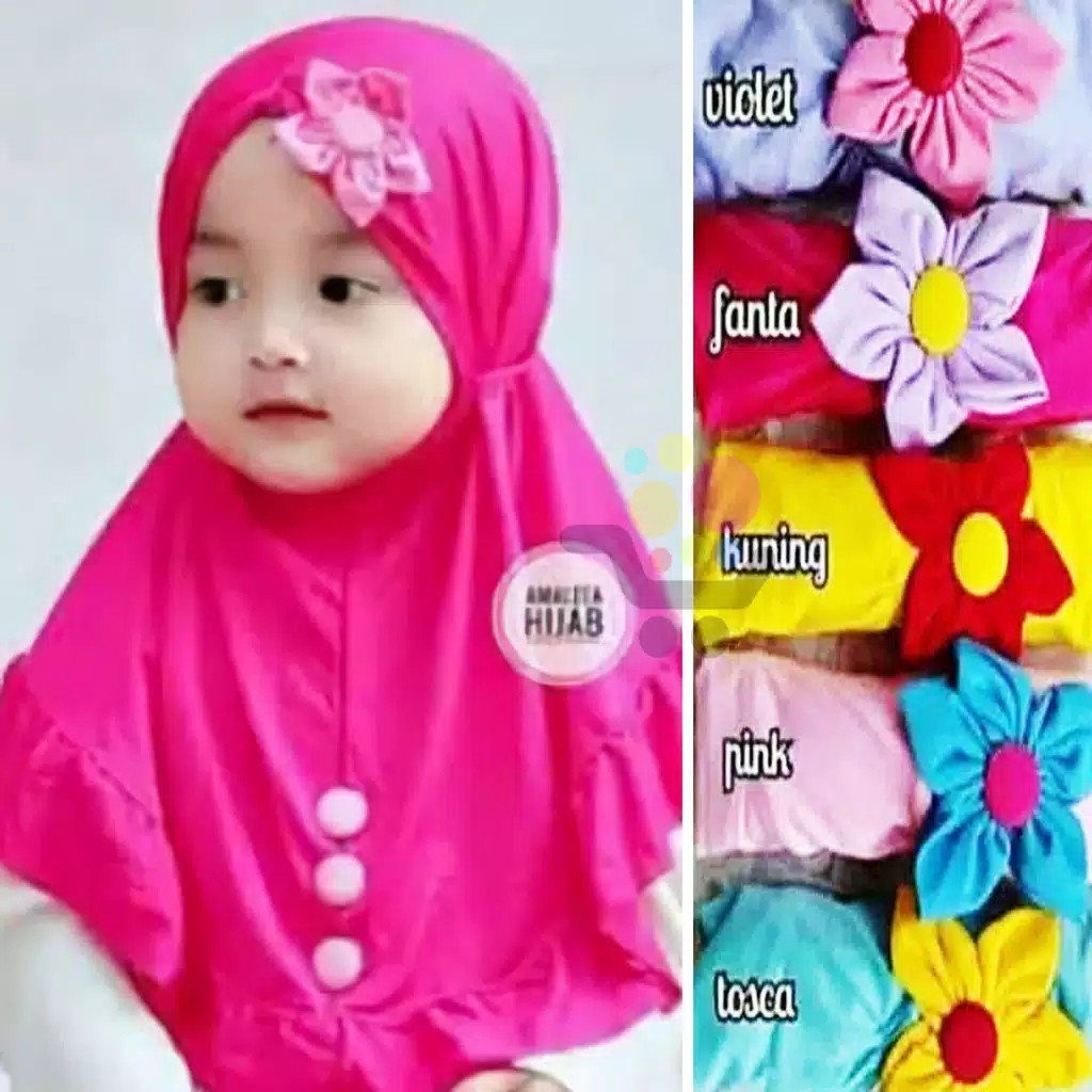 SD - JILBAB ANAK BUNGA KHIMAR KANCING  KERUDUNG BAYI CANTIK USIA 0-3 TAHUN BAHAN JERSEY PREMIUM