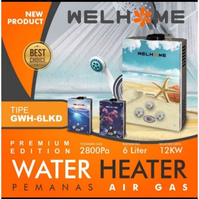 water heater WELHOME GWH 6 LKD - pemanas air gas 6 liter - PLAT KACA - display suhu digital - free shower dan selang