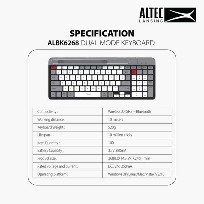 Altec Lansing Keyboard Dual Mode Wireless/Bluetooth ALBK6268