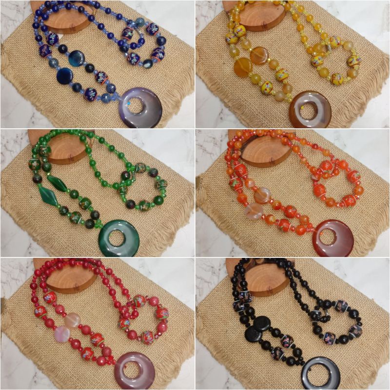 Set Kalung & Gelang Batu Alam mix Manik Lukis