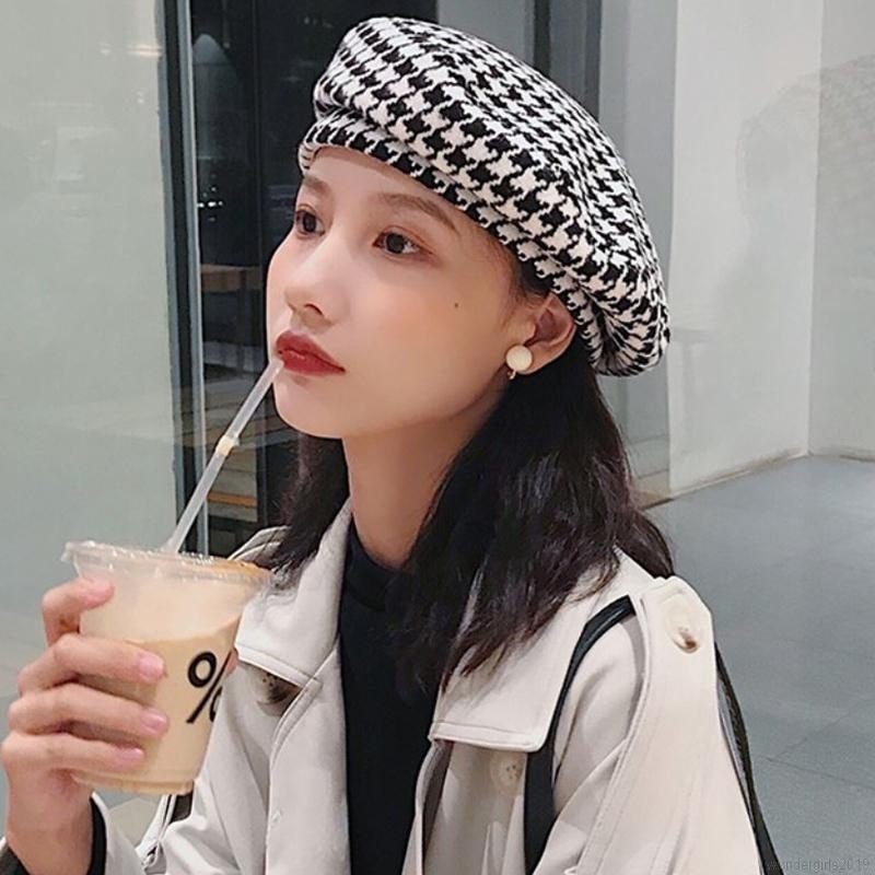 Topi Baret Motif Houndstooth Gaya Retro Korea Jepang Untuk Wanita