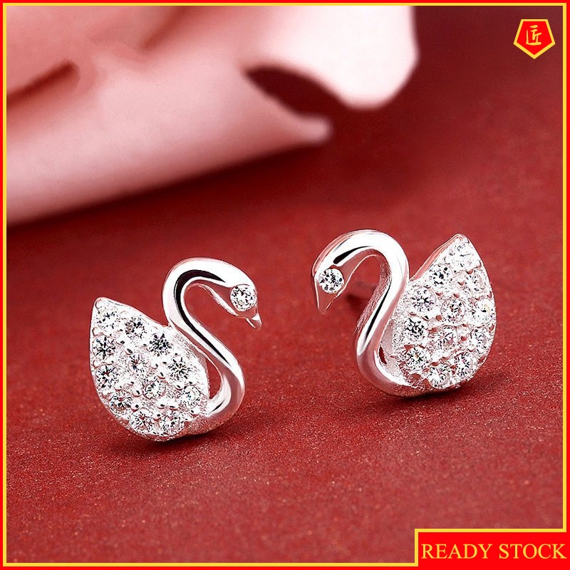 [Ready Stock]Silver Diamond Cute Little Swan Earrings