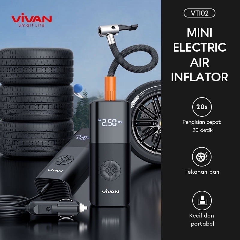 (VIVAN VT-02) Pompa Ban Elektrik inflator Tire LCD Display Air Compressor Mini VT-02