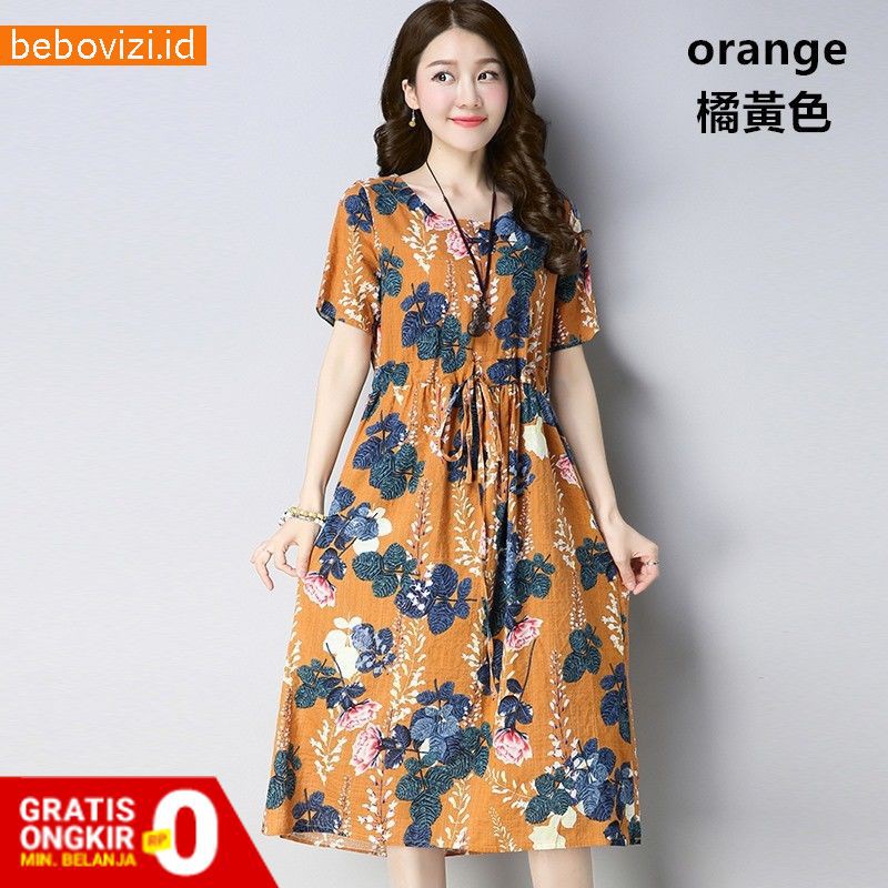 A-Line Dress Midi Casual Wanita Potongan Longgar Lengan Pendek Bahan Katun Linen Motif Floral