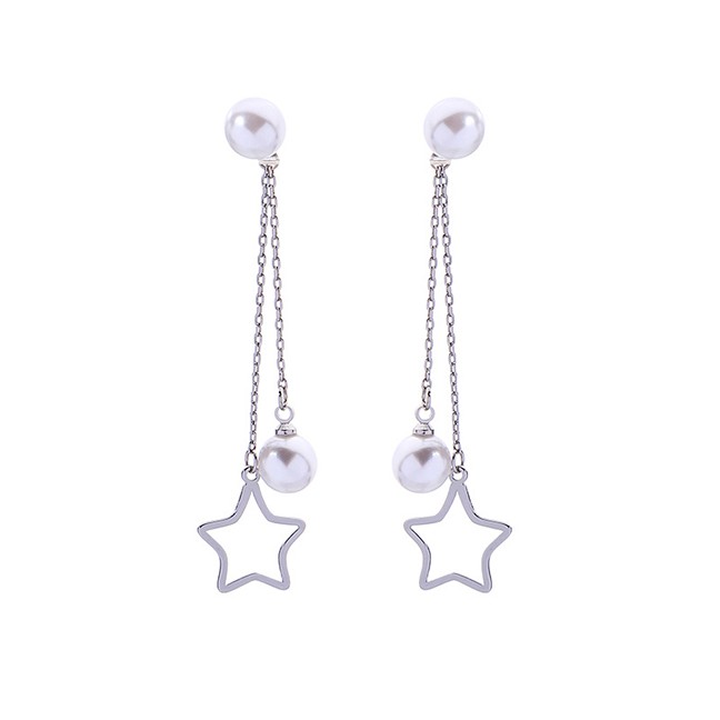 LRC Anting Tusuk Fashion Silver Star Pearl Stud Earrings F57916