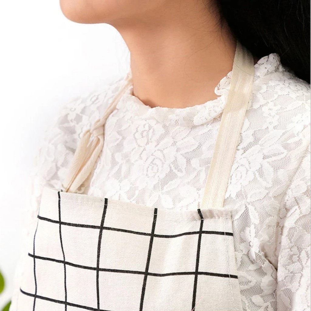 Celemek Masak APRON Dapur Korean Style Kain KANVAS Motif Kotak Kotak