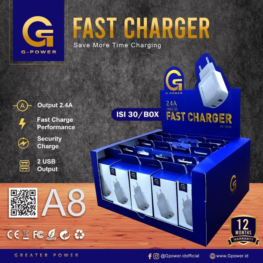 GPOWER FAST CHARGER A8 WITH 2 USB Output : 5V/2.4A