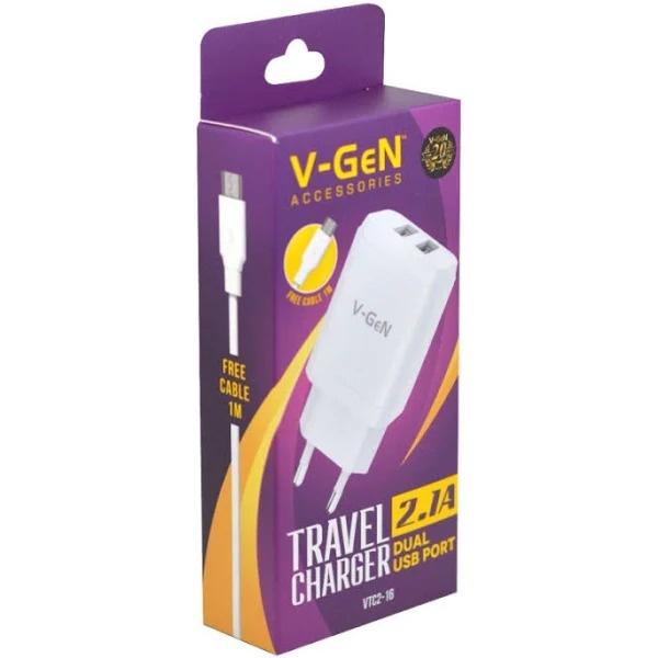 V-GeN VTC2-16 Adaptor Charger 2.1A Dual Port USB Travel Charger Kabel Micro AUTO ID