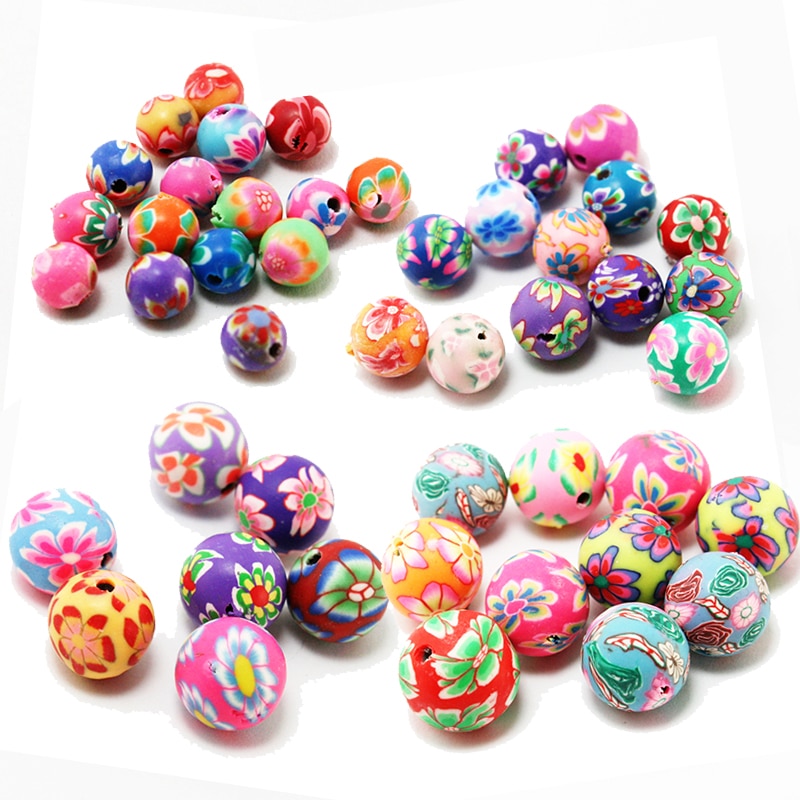 10-20pcs / Lot Manik-Manik Polymer Clay Bulat Motif Print Bunga Ukuran 6 8 10 12mm Untuk Membuat Perhiasan