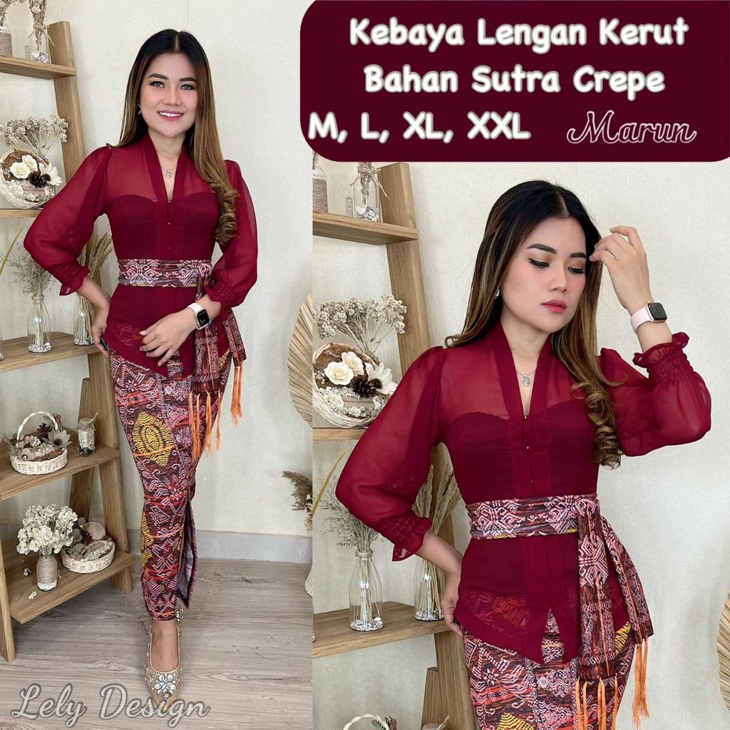 SudanBali Setelan Kebaya Sifon Lengan Kerut Bahan Sutra Crepe Stretch dan Rok Kamen Jadi Moscref Fre
