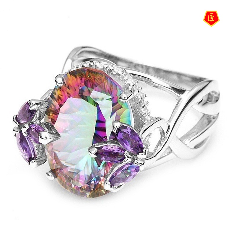 [Ready Stock]Inlaid Colorful Moissanite Ring 925 Silver Fashion Temperament