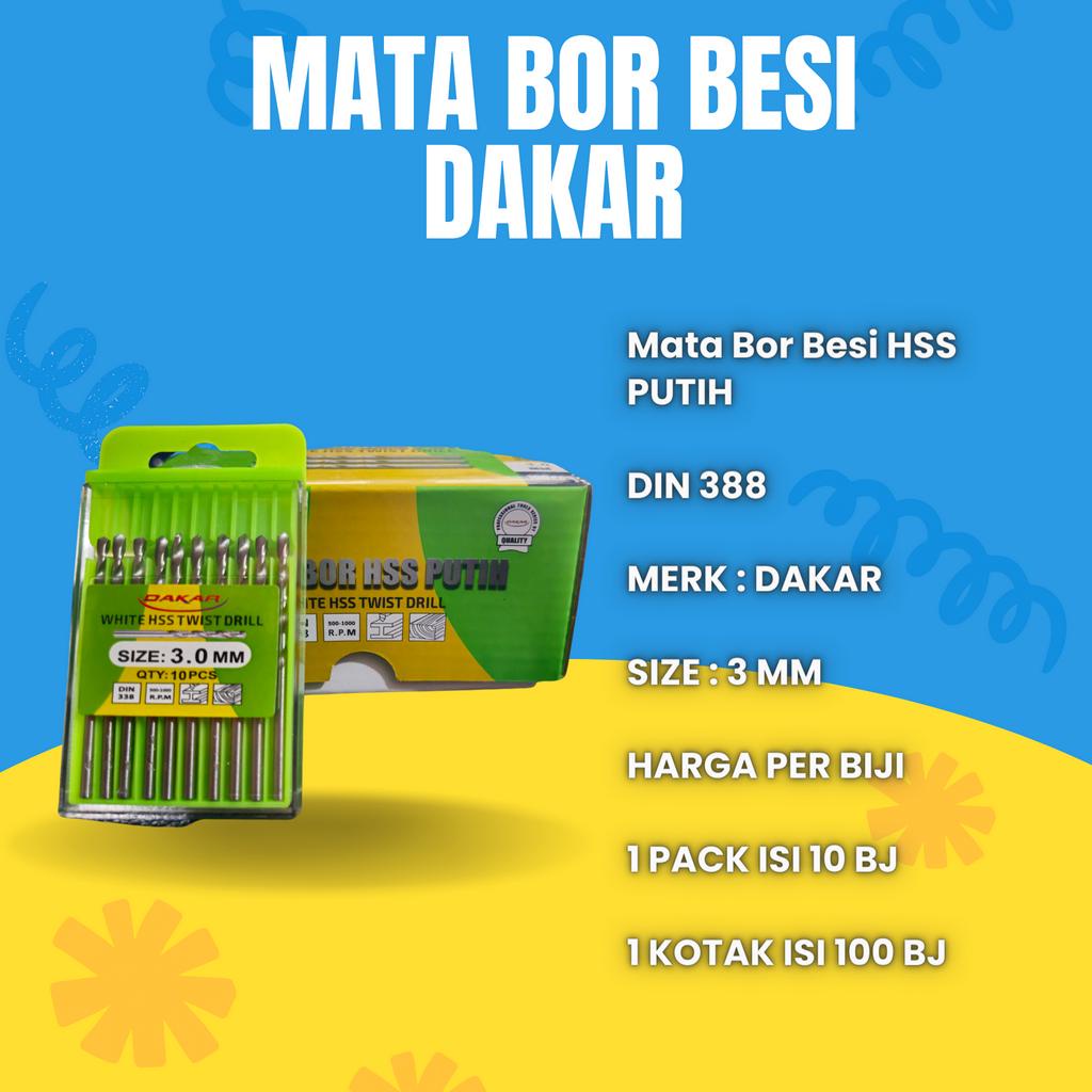 MATA BOR BESI PUTIH 3 MM HSS MERK DAKAR DIN 388 HARGA PER BIJI