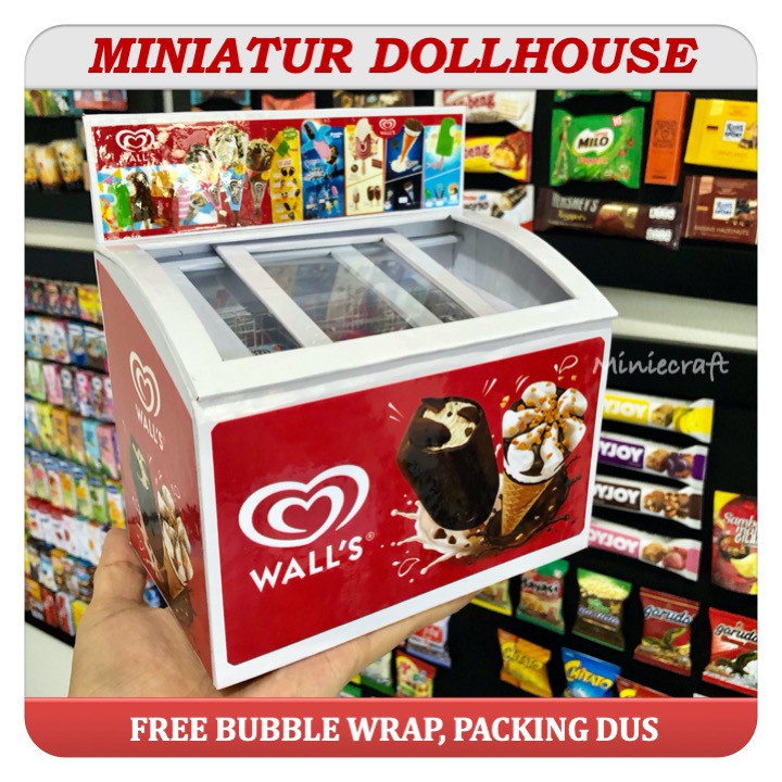 PAKET HEMAT MINIATUR FREEZER ICE CREAM &amp; 12 PCS DOLLHOUSE ICE CREAM WALLS , AICE, CAMPINA