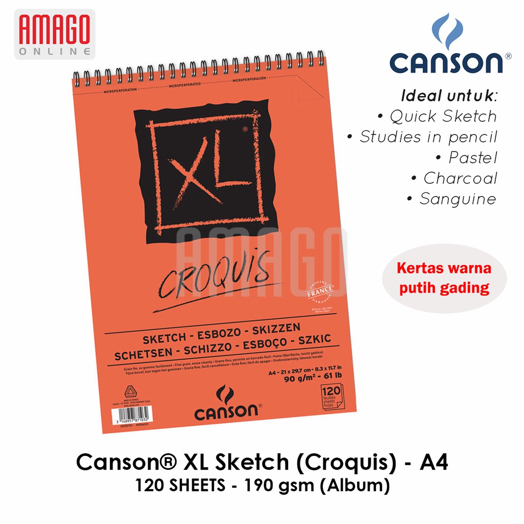 Buku CANSON XL - Sketch (Croquis) - 120 sheets - Ukuran A4 - 90 gsm - 200787103