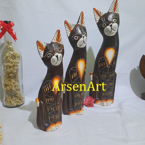 Pajangan Patung Kucing Kayu Satu Set 3 Pcs Tinggi 35 cm Ukuran Besar Kerajinan Bali