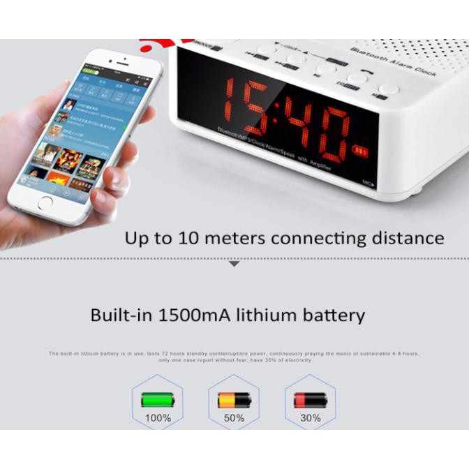 Speaker Mini Bluetooth + Radio FM + Jam Meja + Jam Weker Digital - Hitam