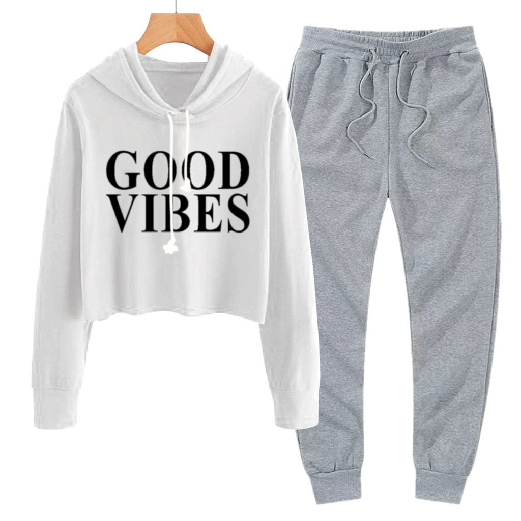 BESS - Baju Setelan Wanita Murah / Setelan Hoodie Crop + Jogger Abu - GOOD VIBE