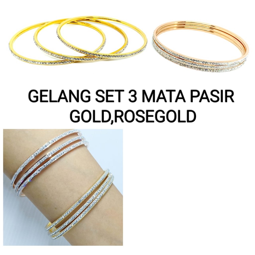 Gelang Wanita Titanium Branded Keroncong Set 3 Mata Pasir Putih Import Premium Anti Karat GLB85