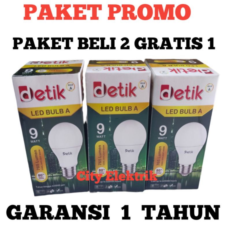 PAKET BELI 2 GRATIS 1 LAMPU LED DETIK BULB A 9 Watt / Super Terang / PAKET PROMO / BERGARANSI 1 TAHUN