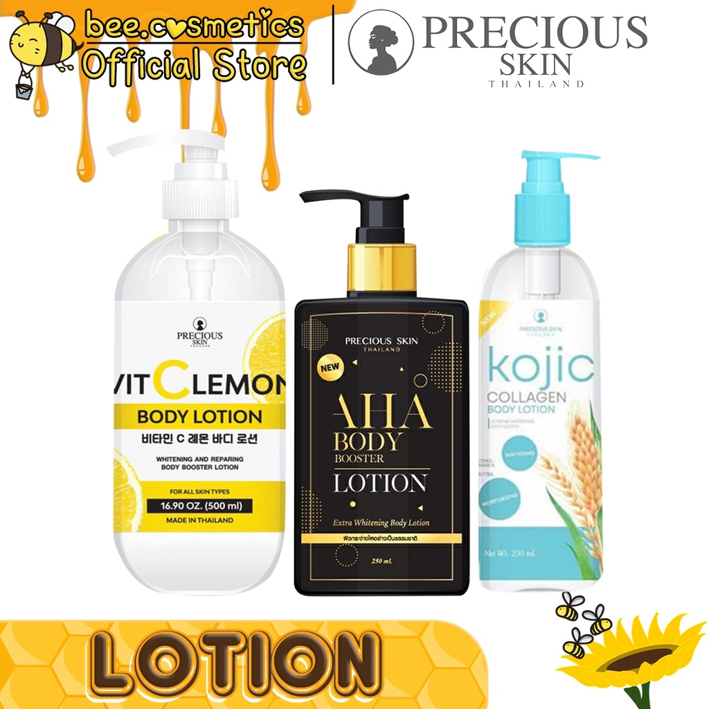 PRECIOUS SKIN LOTION SERIES ( AHA BODY LOTION BOOSTER / KOJIC COLLAGEN 230ML / VIT C LEMON 500ML)
