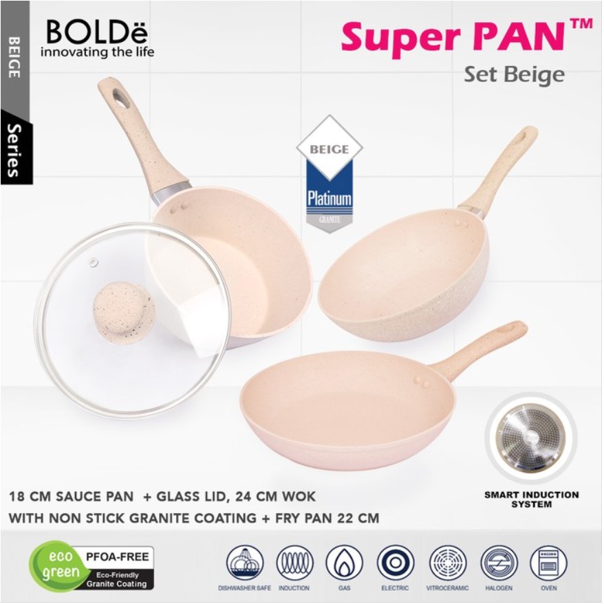 BOLDe Panci Wajan Set Super Pan Granite Set Beige 3 + 1 PCS  SUPER PAN dengan Coating Granite Ceramic