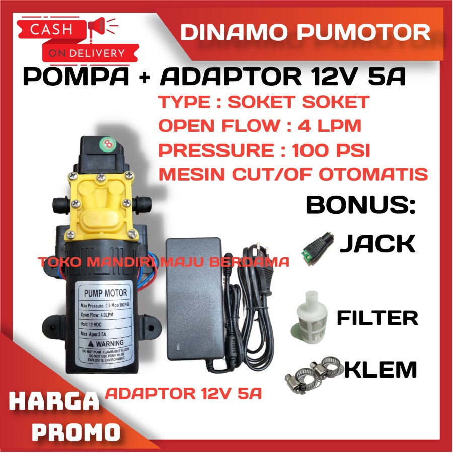 DINAMO POMPA SPRAYER 12V / MESIN POMPA AIR DC 12V DAN ADAPTOR 12V 5A / DINAMO PUMP STEAM MOTOR / MOBIL / AC