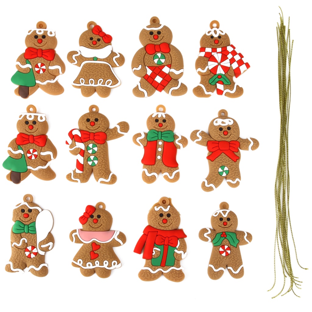 12pcs / Set Hiasan Gantung Pohon Natal Bentuk Gingerbread Man / Rusa / Snowman Dengan Lanyard