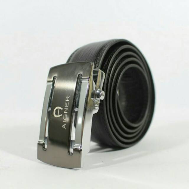 GESPER, BELT, TALI IKAT PINGGANG, 100% KULIT ASLI, PRIA IMPORT #AIGNER 302 SILVER BLACK & GOLD BLACK