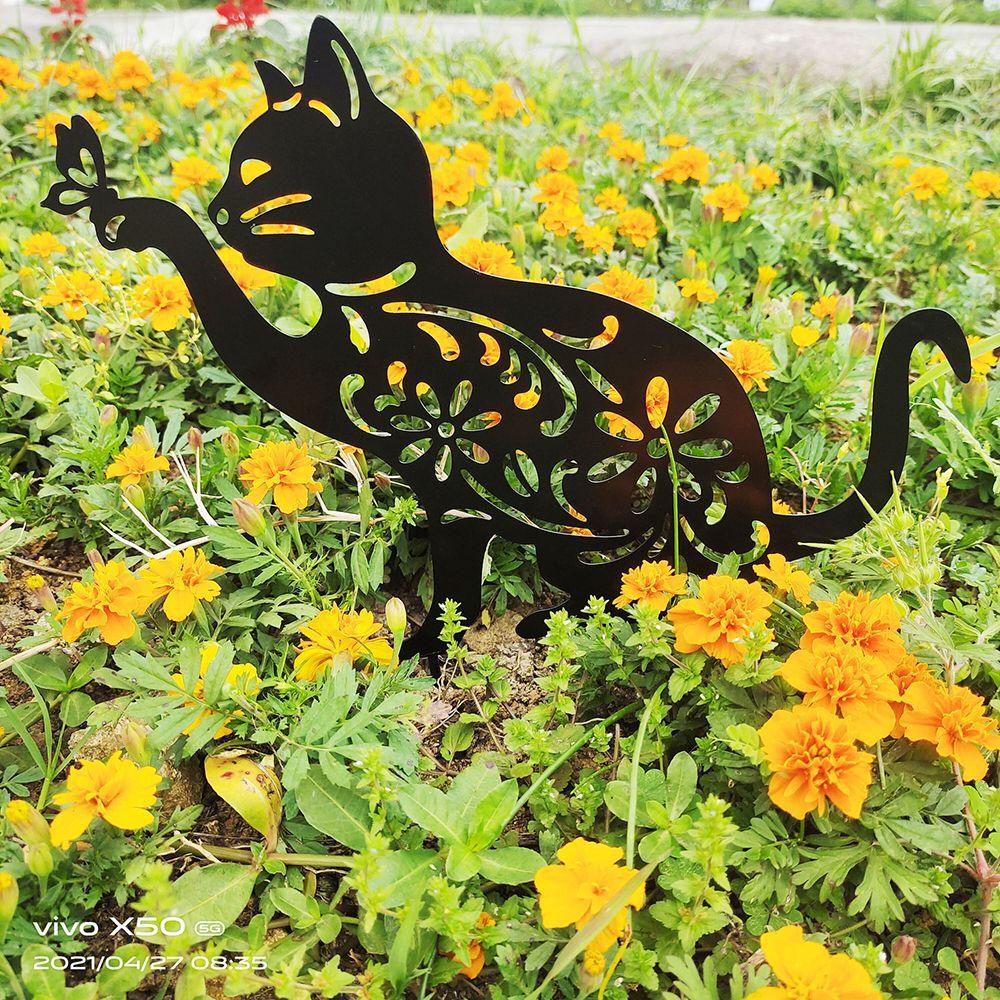 Solighter 3PCS/Set Dekorasi Kucing Besi Seni Patung Pemandangan Landak Ornamen Patung Taman Siluet Pasak