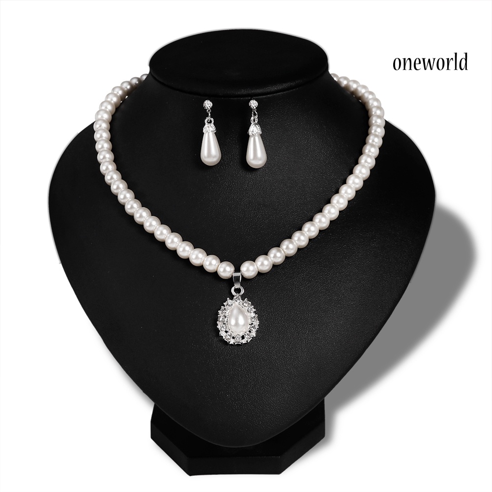 OW@ Royal Style Princess Imitation Pearl Teardrop Pendant Elegant Necklace Earrings