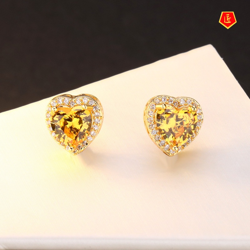 [Ready Stock]New Heart-Shaped Citrine Stud Earrings 18K Gold