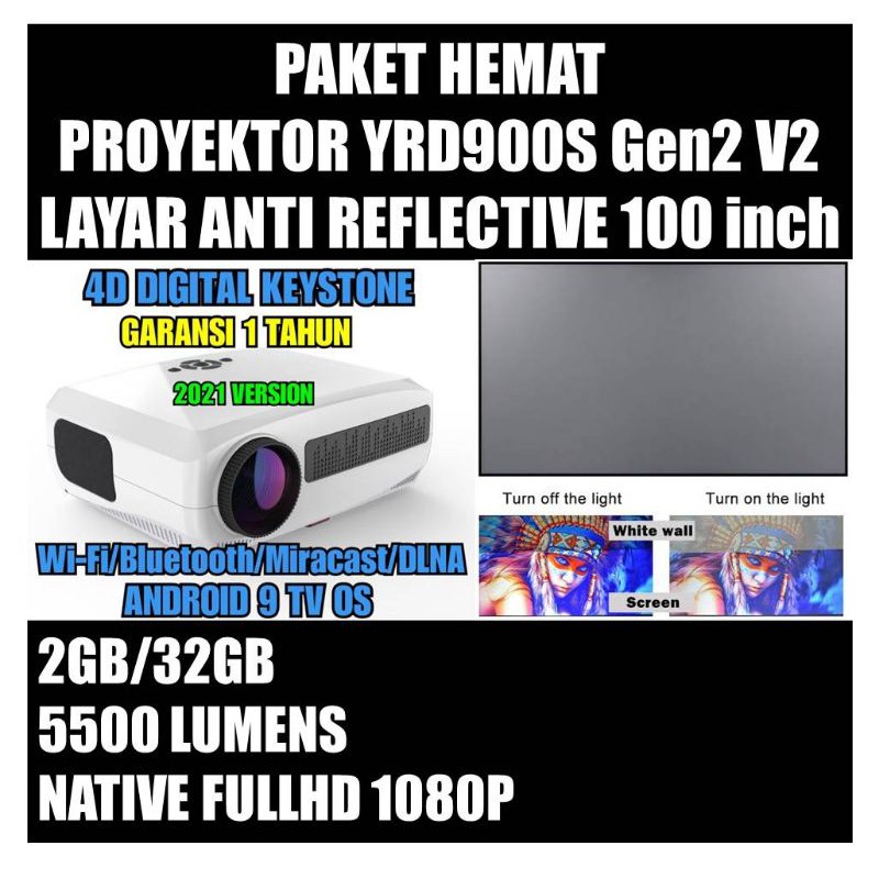 PAKET Yourday YRD900S Proyektor LED LCD Android Projector 1080P FULL HD 4K & LAYAR