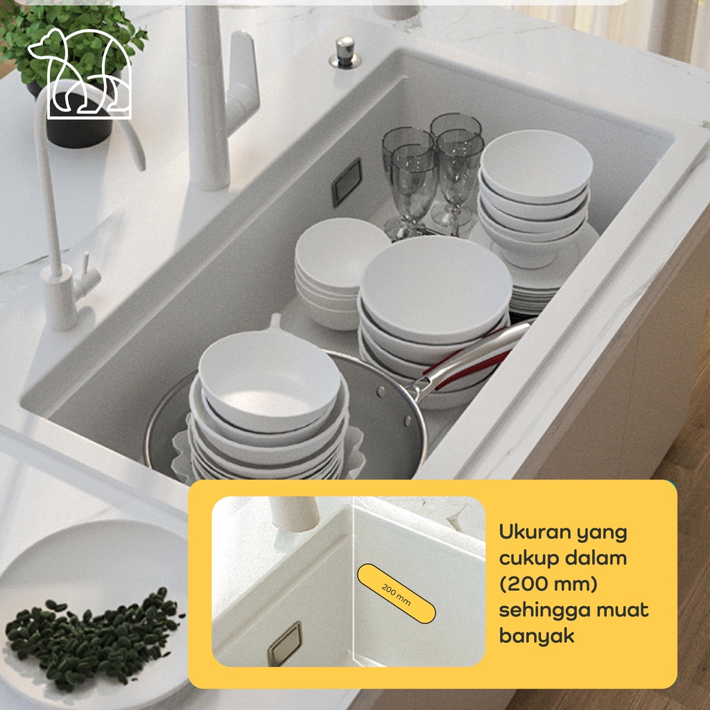 【IKONE】HURU Kitchen Sink Quartz Stone White Faucet  Wastafel dapur Lengkap Faucet Sink Putih