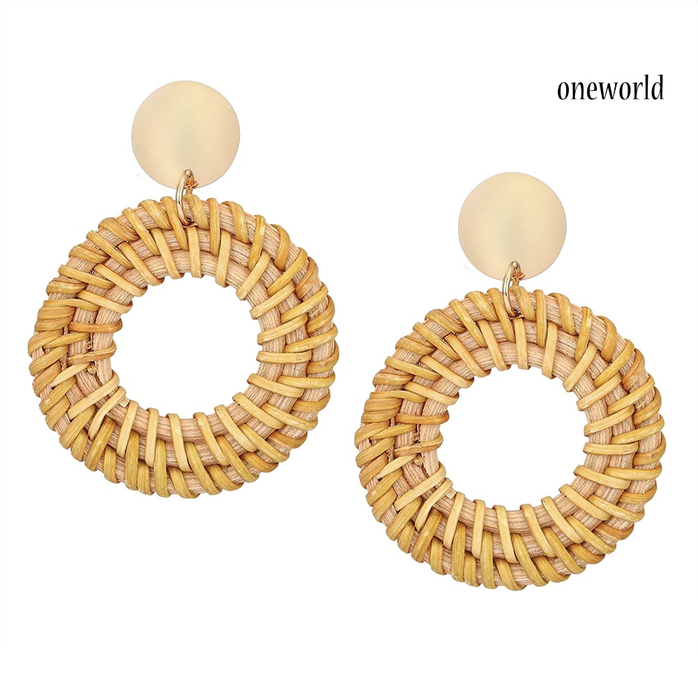 OW@ Bohemian Beach Rattan Woven Hollow Circle Drop Statement Women Stud Earrings