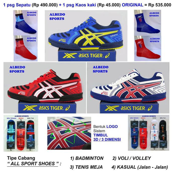 Sepatu Badminton Bulutangkis Asicstiger Advance Kaos Kaki Flypower