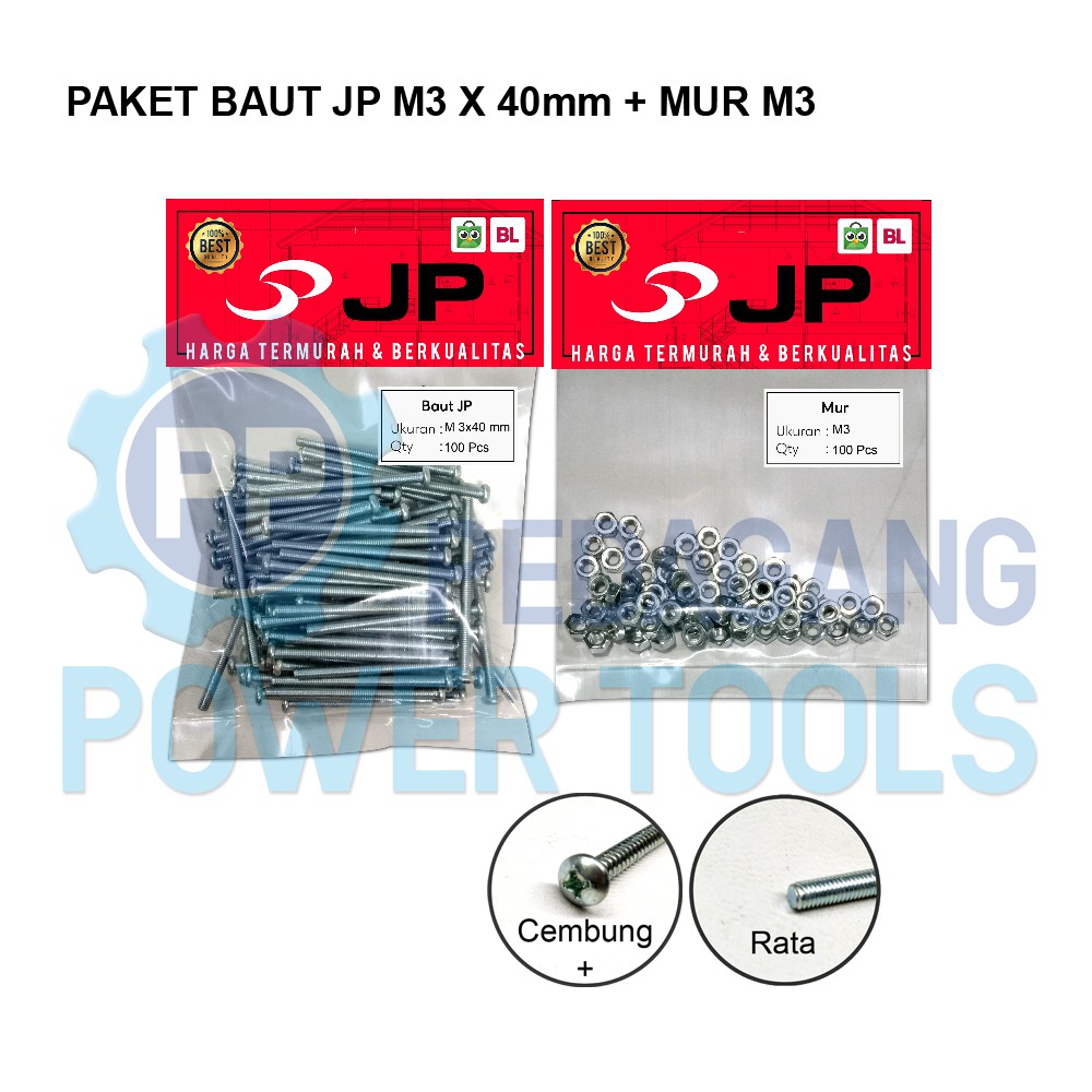 PAKET 2 SET BAUT MUR 3x40 BAUT JP M 3 x 40 MM MUR M3 SKRUP ISI 100 PCS