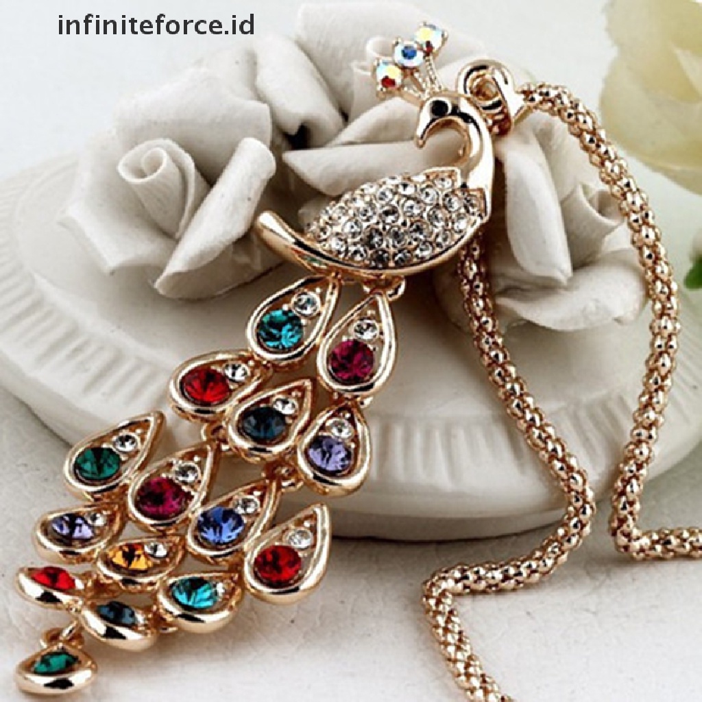 Infiniteforce.id Kalung Rantai Panjang Wanita Liontin Burung Merak Hias Kristal Multi Warna