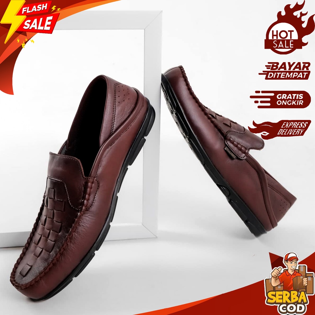 SMC 055 - COD Sepatu Kulit Asli Lentur Dan Bernafas Model Slip On Anyaman Gaya Pria Korea Casual Ter