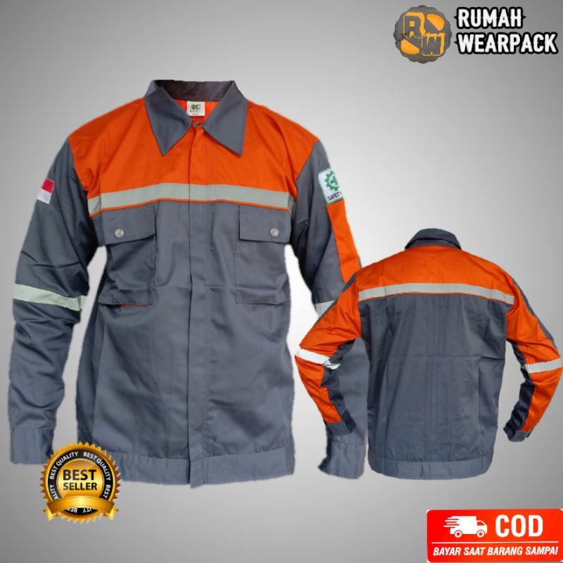 Baju Kerja/ Wearpack Proyek/ Seragam Kerja Atasan Warna Abu Tua Kombinasi Oranye