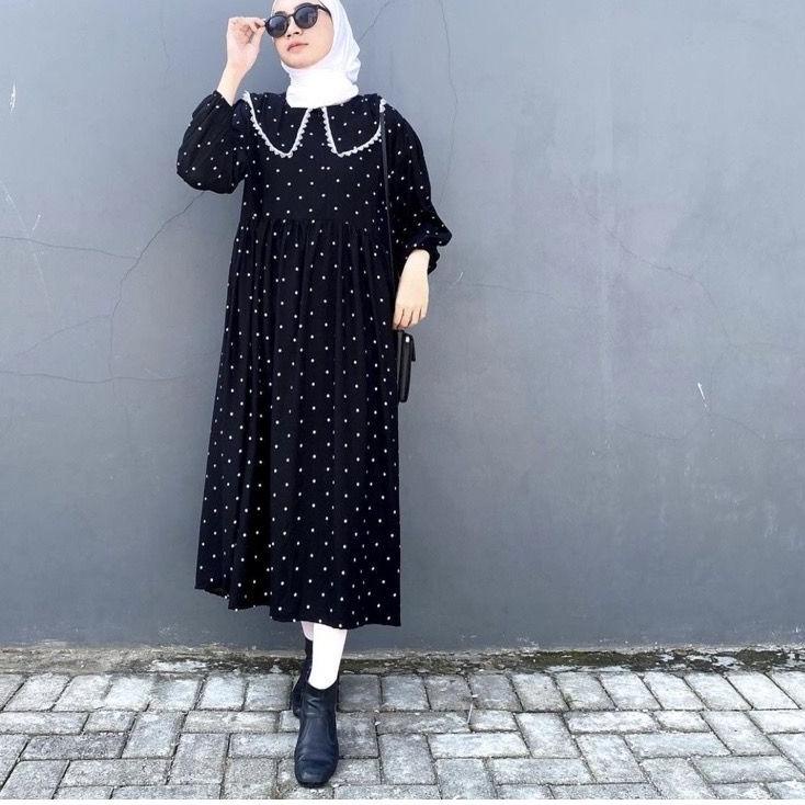 Hot Sell.. POLKA KERAH TUNIK MIDI DRESS BAJU WANITA TERBARU