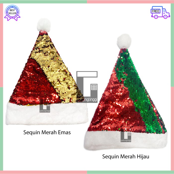 Topi Aksesoris Aksesories Asesoris Asesories Acesories Accesories Accessories Tema Pesta Acara Natal Merry Christmas Xmas Party Hat Anak Dewasa Pria Wanita Unsex Motif Santa Claus Sequin Payet Reversible Bolak Balik Dua Warna Merah Hijau Emas Gold Allsize