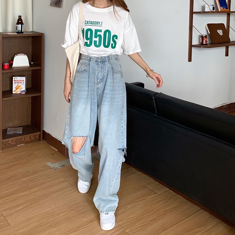 Celana Jeans Wanita Sobek Korean Style Celana Panjang boyfriend Kekinian Jumbo Highwaist Denim Pants