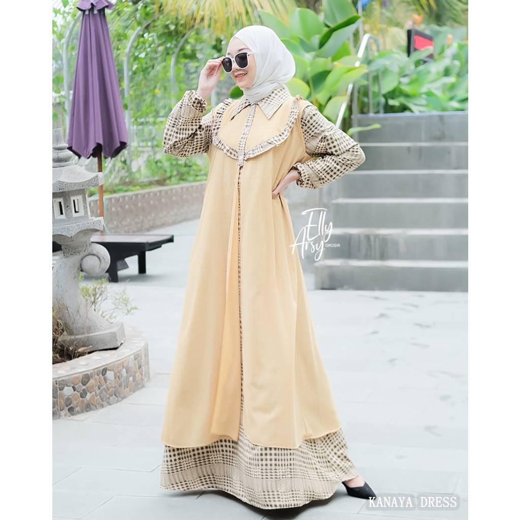 Gamis set outer 2in1 ceruty venyta elsyifa berbagai motif rara lula lulabi lulana ceruti babydoll longdress baju muslim busana muslimah modern ootd fashionable selebgram hits modis reseller dropshiper cardigan rompi baju muslim modern modis