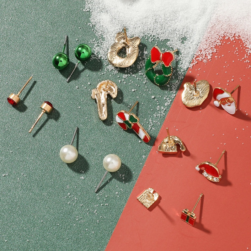 8pcs / Set Anting Stud Desain Santa Claus Snowman Pohon Bell Aksen Berlian Imitasi Gaya Korea Untuk Wanita