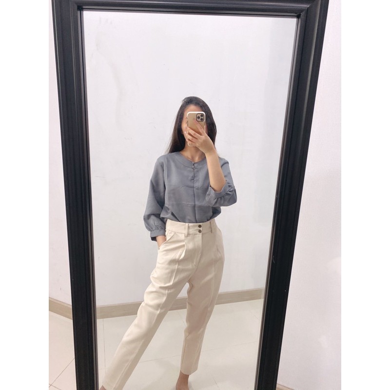 NYLA Blouse Kantor Korea 3/4 Sleeves Blus Jumbo Tunik Big Size A20-1958-dark grey